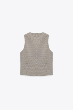 ZARA ЖИЛЕТ В КЛЕТКУ, БЕЖЕВЫЙ/ТЕМНО-СИНИЙ