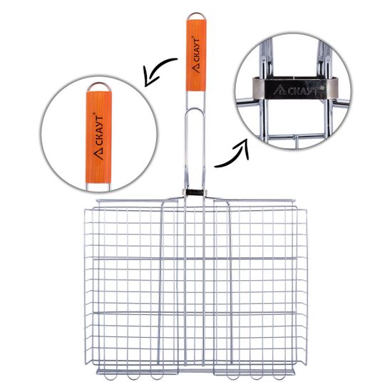 Решетка для гриля глубокая 38х30х6 см. из хромированной стали СКАУТ СК-0705 с деревянными ручками