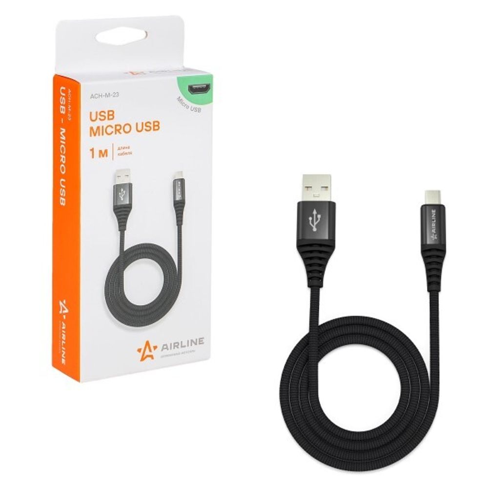 Дата-кабель универ. micro USB /Android/ 1 м черный, нейлоновая оплетка (AIRLINE)