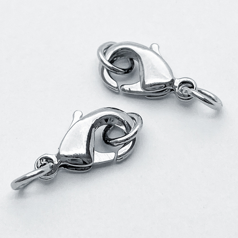 Замок-карабин с колечками, цвет серебро (родий), размер замка 12 мм, цена за 1 шт