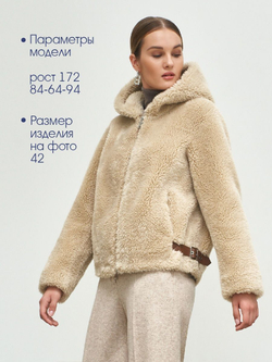 Искусственная шуба с капюшоном, бежевая, Северина