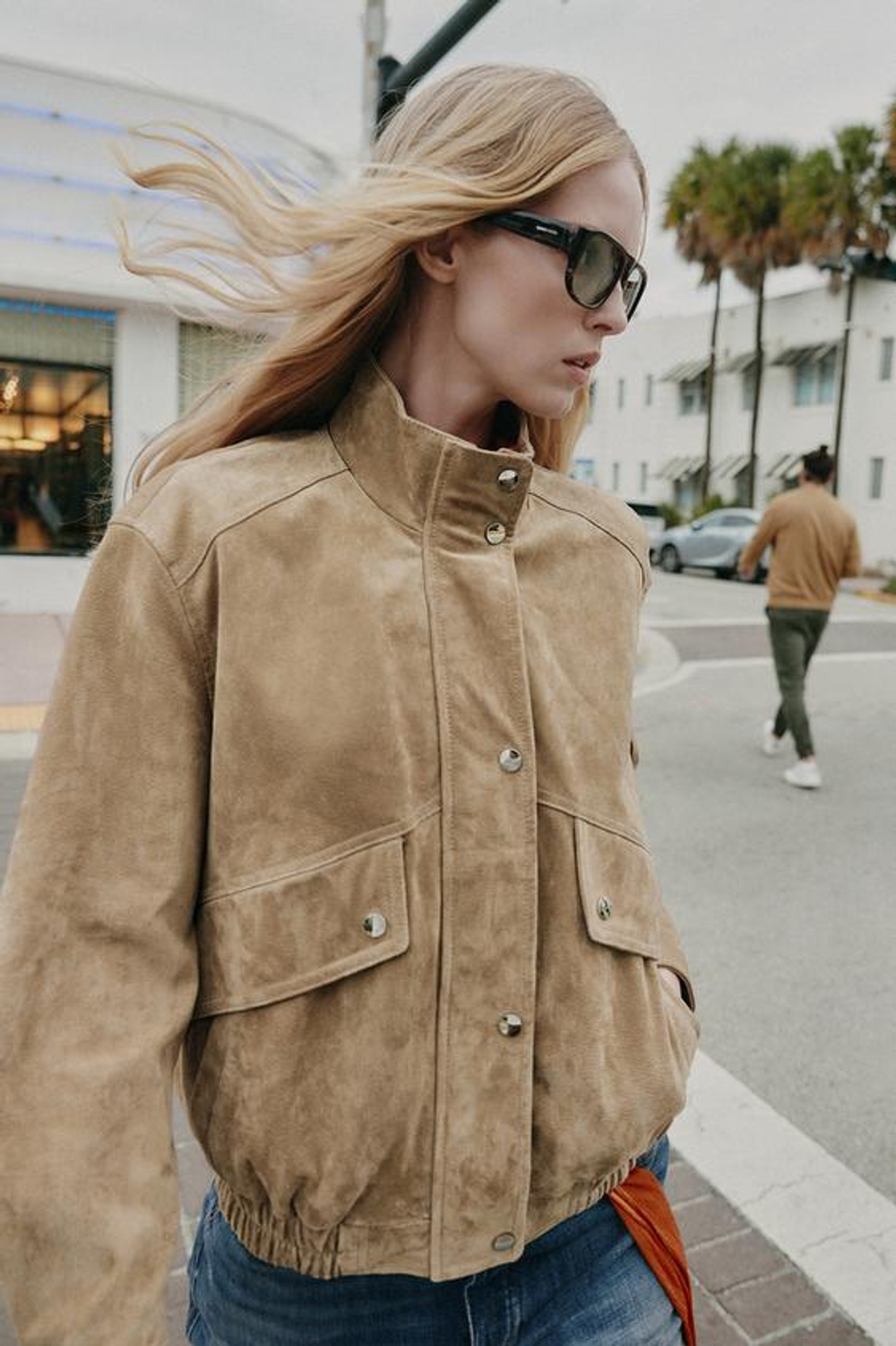 100% замша, кожа, пиджак с воротником-стойкой -ZARA