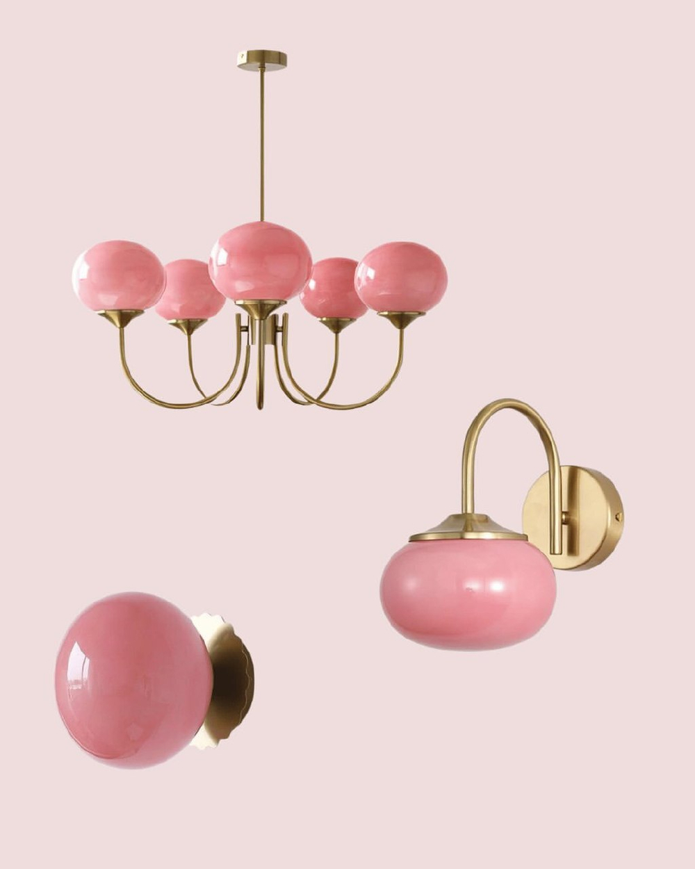 Элегантная люстра с глянцевыми розовыми плафонами и изящным золотым каркасом.