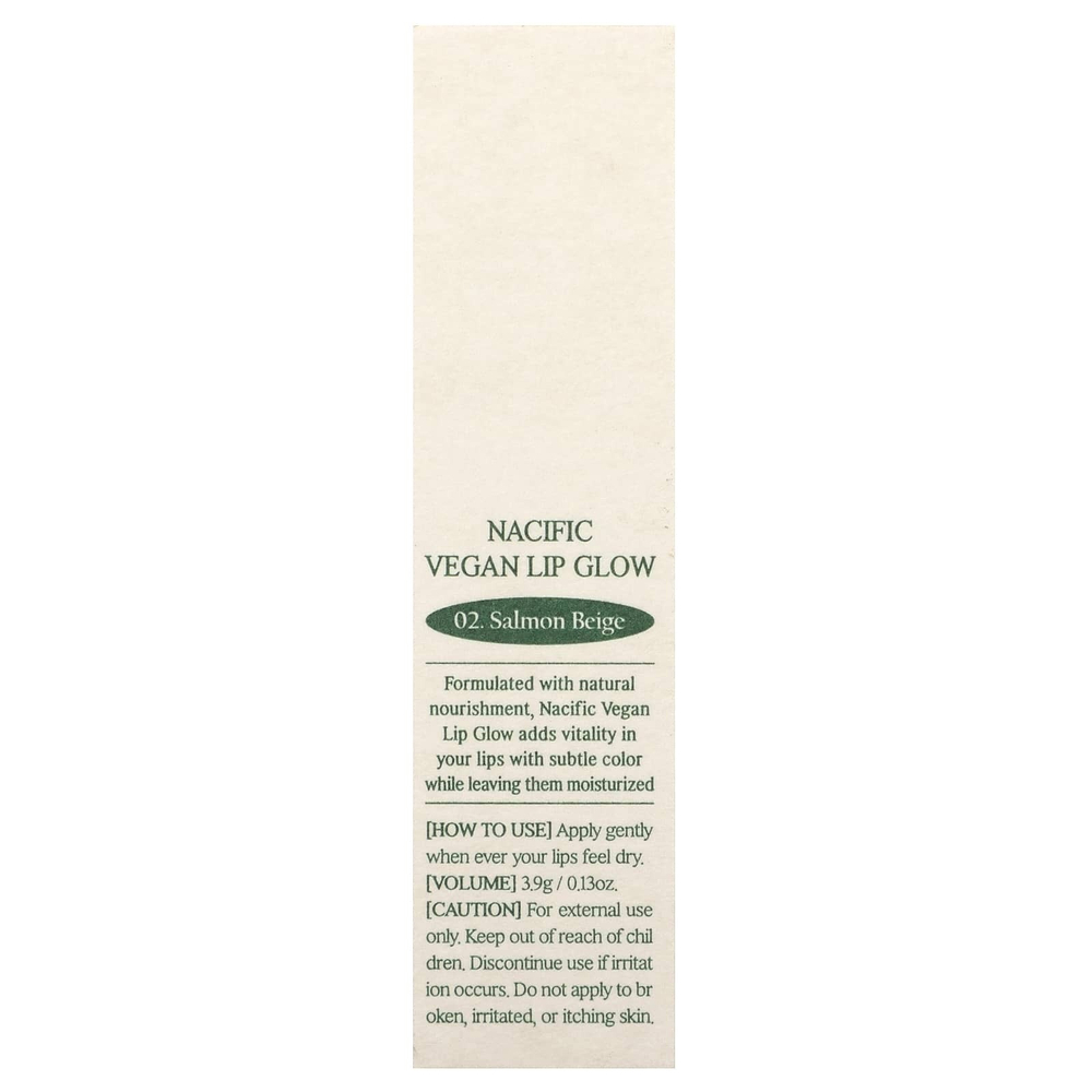 Nacific, Vegan Lip Glow, 02 лососевый бежевый, 3,9 г (0,13 унции)
