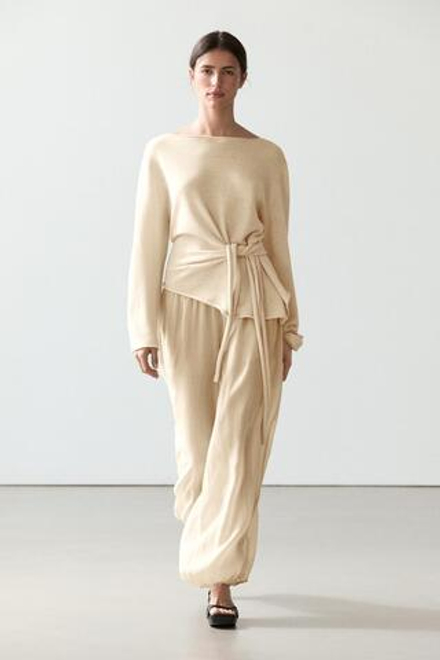 Massimo Dutti Свободные брюки-саруэль из рами, бежевый