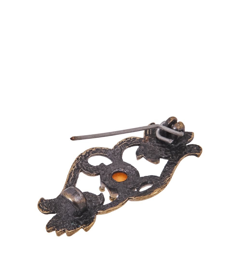 AM-4216 Брошь «Барельеф Листики» (латунь, янтарь)