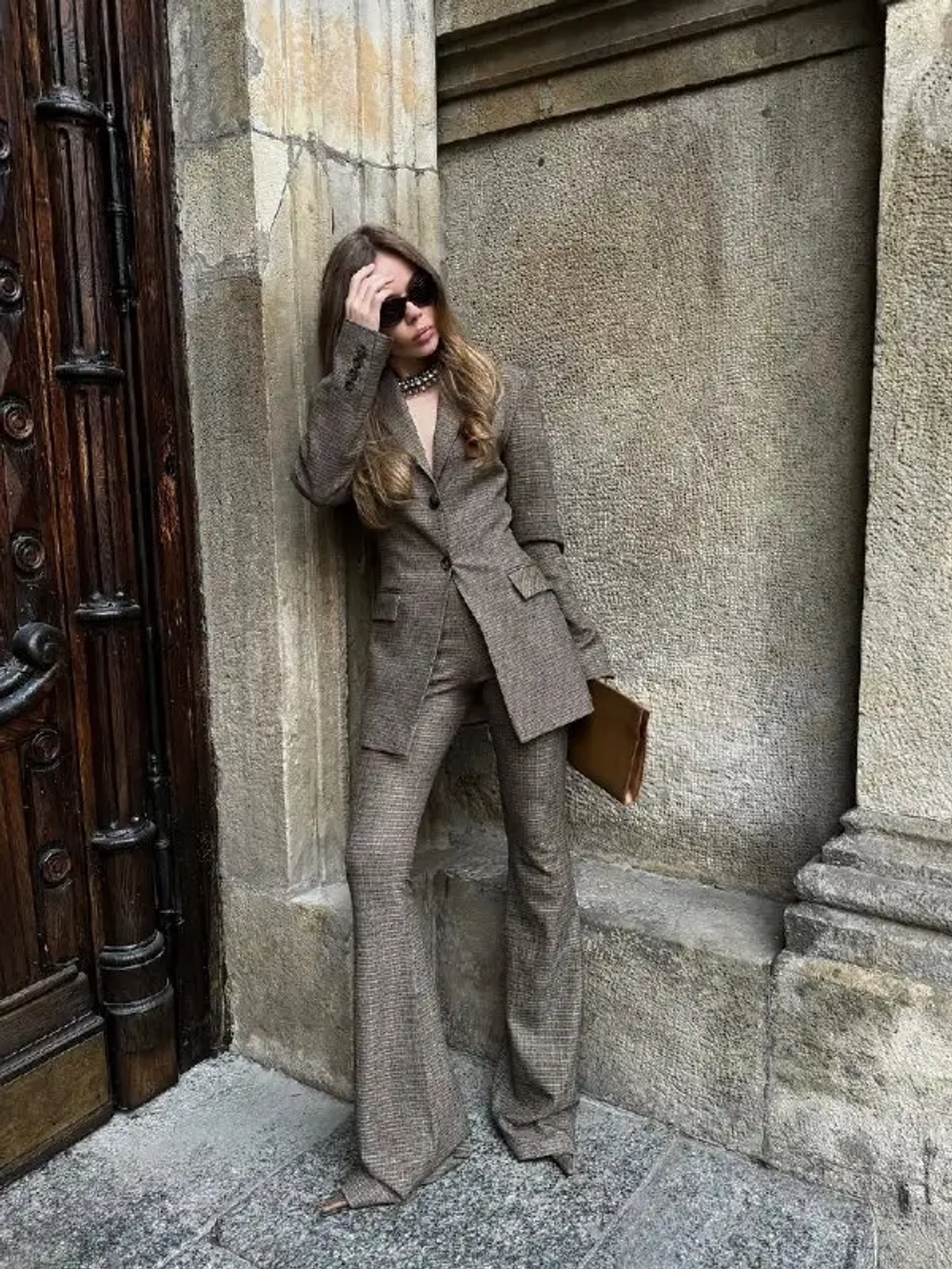 Жакет приталенный в клетку, Кофейный