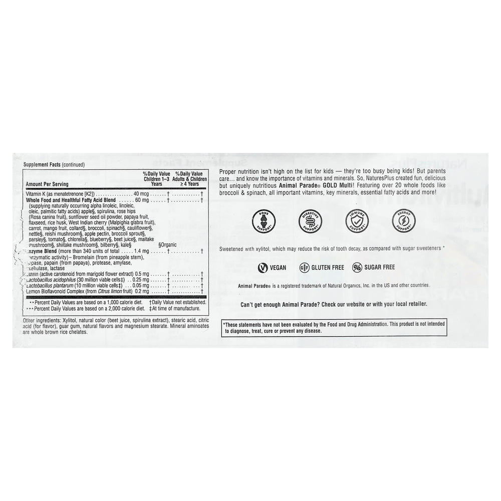 NaturesPlus, Animal Parade® Gold, жевательные мультивитамины для детей, со вкусом винограда, 120 таблеток в форме животных