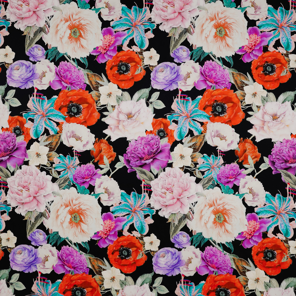 Шёлковый сатин с цветочным мотивом на чёрном фоне