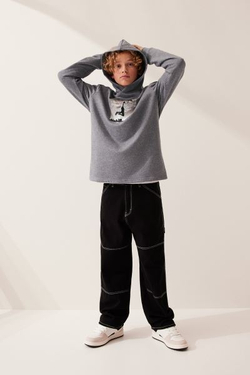 H&M Толстовка с принтом и капюшоном, серый с меланжевым эффектом