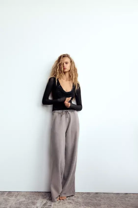 ZARA ТОП ИЗ ПОЛУПРОЗРАЧНОЙ ТКАНИ СО СТРАЗАМИ, ЧЕРНЫЙ