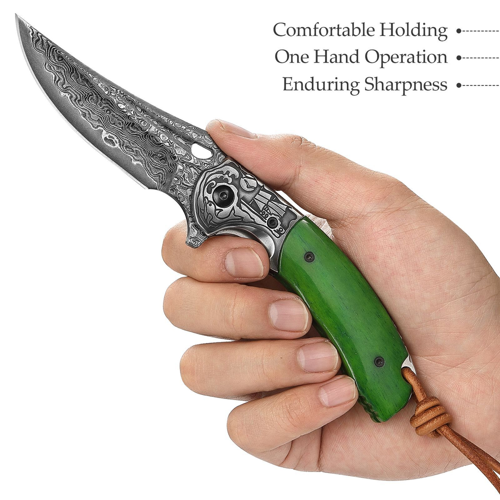 Складной туристический нож TRIVISA Puppis-02G/P клинок 67 Layers Damascus рукоять сталь и кость (зеленый)