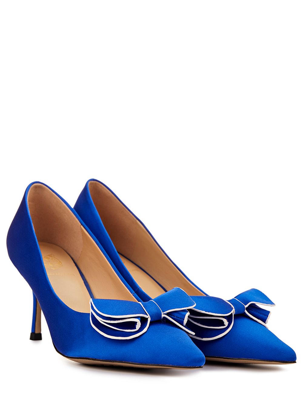 Женские туфли из кожи синие с бантиком