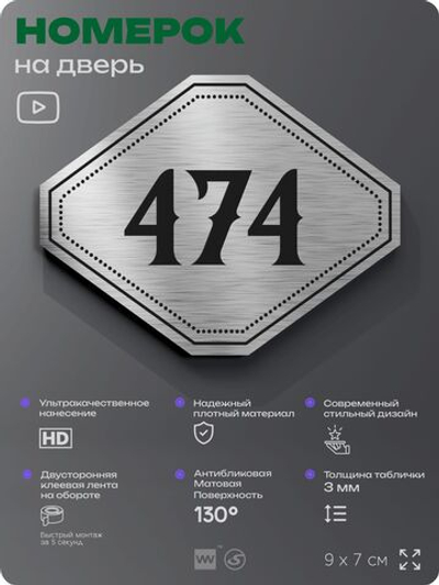 Номерок на дверь квартиры 474, для кабинета, офиса, шильдик 9 х 7 см, брашированная сталь, Айдентика Технолоджи