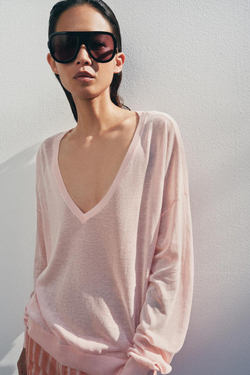 ZARA ДЖЕМПЕР ТОНКОЙ ВЯЗКИ С V-ОБРАЗНЫМ ВЫРЕЗОМ, ПАСТЕЛЬНО-РОЗОВЫЙ