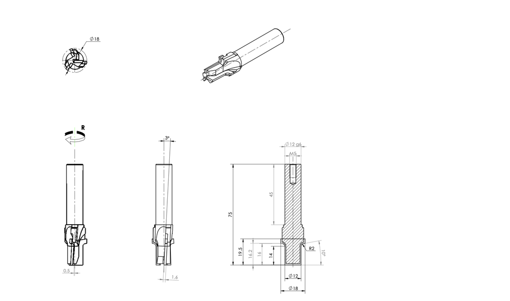 PCD концевая фреза D.18x19,5 S.12x45 Z3