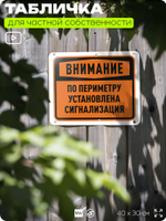 Табличка для частной территории "Внимание, по периметру установлена сигнализация", на дом, для участка, организаций и частных территорий, предупреждающая, 40х30 см, Silver Plane x Айдентика Технолоджи