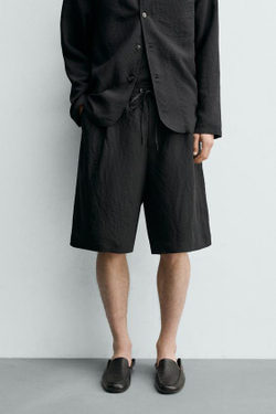 ZARA СВОБОДНЫЕ ЖАККАРДОВЫЕ ШОРТЫ В ПОЛОСКУ, ЧЕРНЫЙ