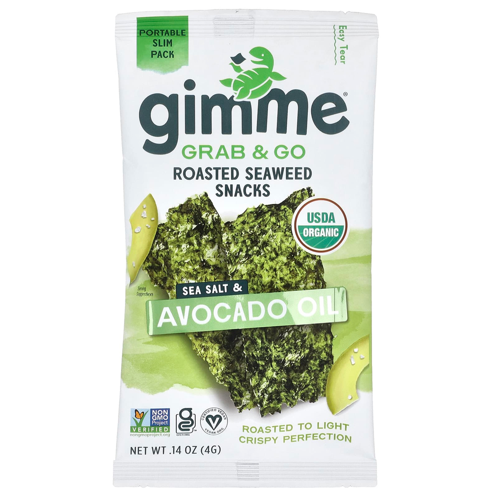 gimMe, Grab & Go, жареные снеки из морских водорослей, морская соль и масло авокадо, 5 пакетиков по 4 г (0,14 унции)
