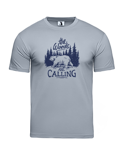 Футболка The woods are calling unisex серая с синим рисунком