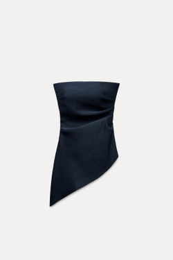 ZARA ПЛИССИРОВАННЫЙ ТОП АСИММЕТРИЧНОГО КРОЯ, МОРСКОЙ СИНИЙ
