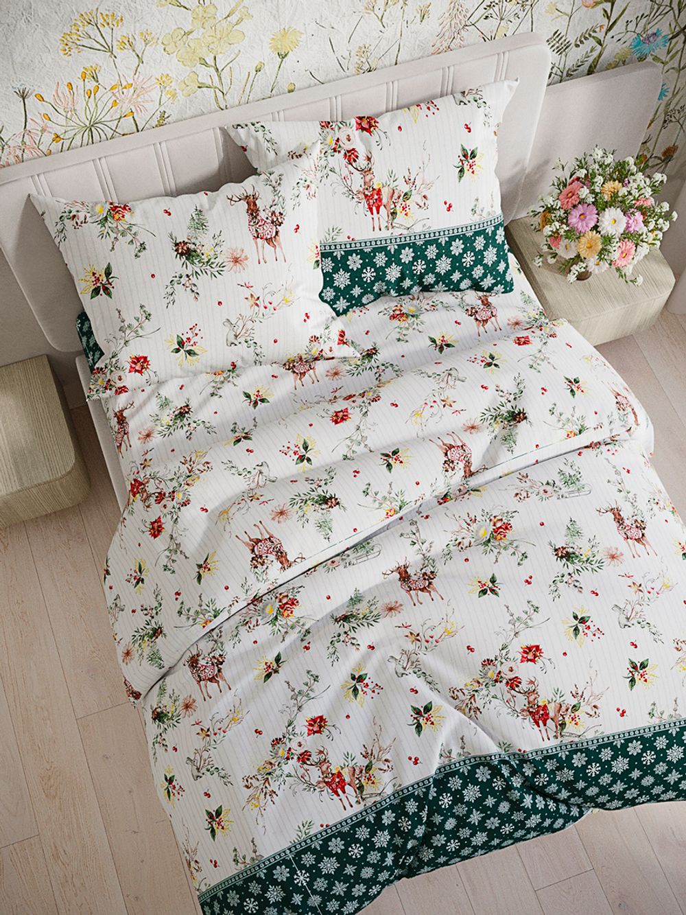 Постельное белье перкаль Сказка "Сочельник (зел)" евро Наволочка 50х70 см 2 шт Простынь 240x215 см Пододеяльник 200x215 см