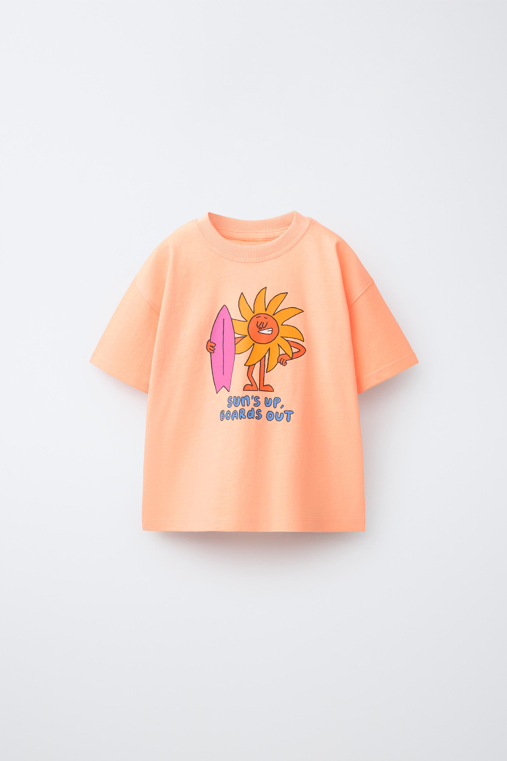 ZARA ФУТБОЛКА С ПРИНТОМ, НЕОНОВО-ОРАНЖЕВЫЙ