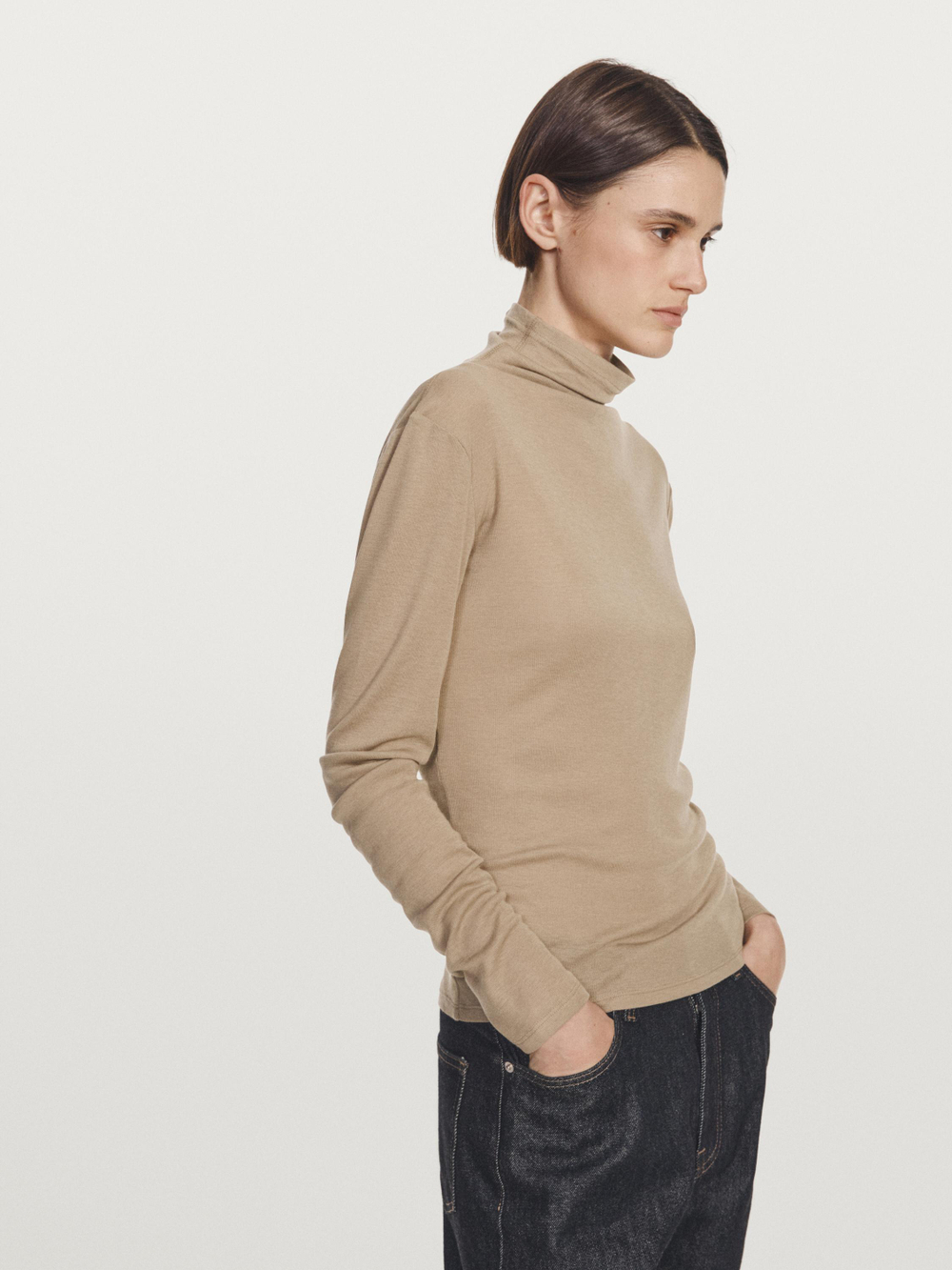 Massimo Dutti Футболка из смеси лиоцелла и шерсти с длинными рукавами, бежевый
