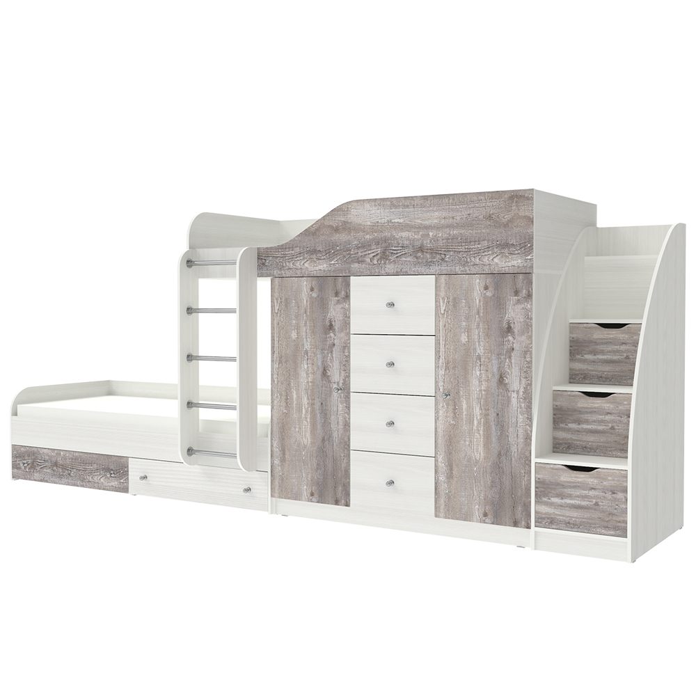 Кровать двухъярусная КарИВи Астра 6 с лестницей Комод КарИВиом Белое Дерево Бетон