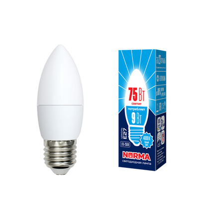 LED-C37-9W-NW-E27-FR-NR Лампа светодиодная. Форма свеча. матовая. Серия Norma. Белый свет 4000K. Картон. ТМ Volpe