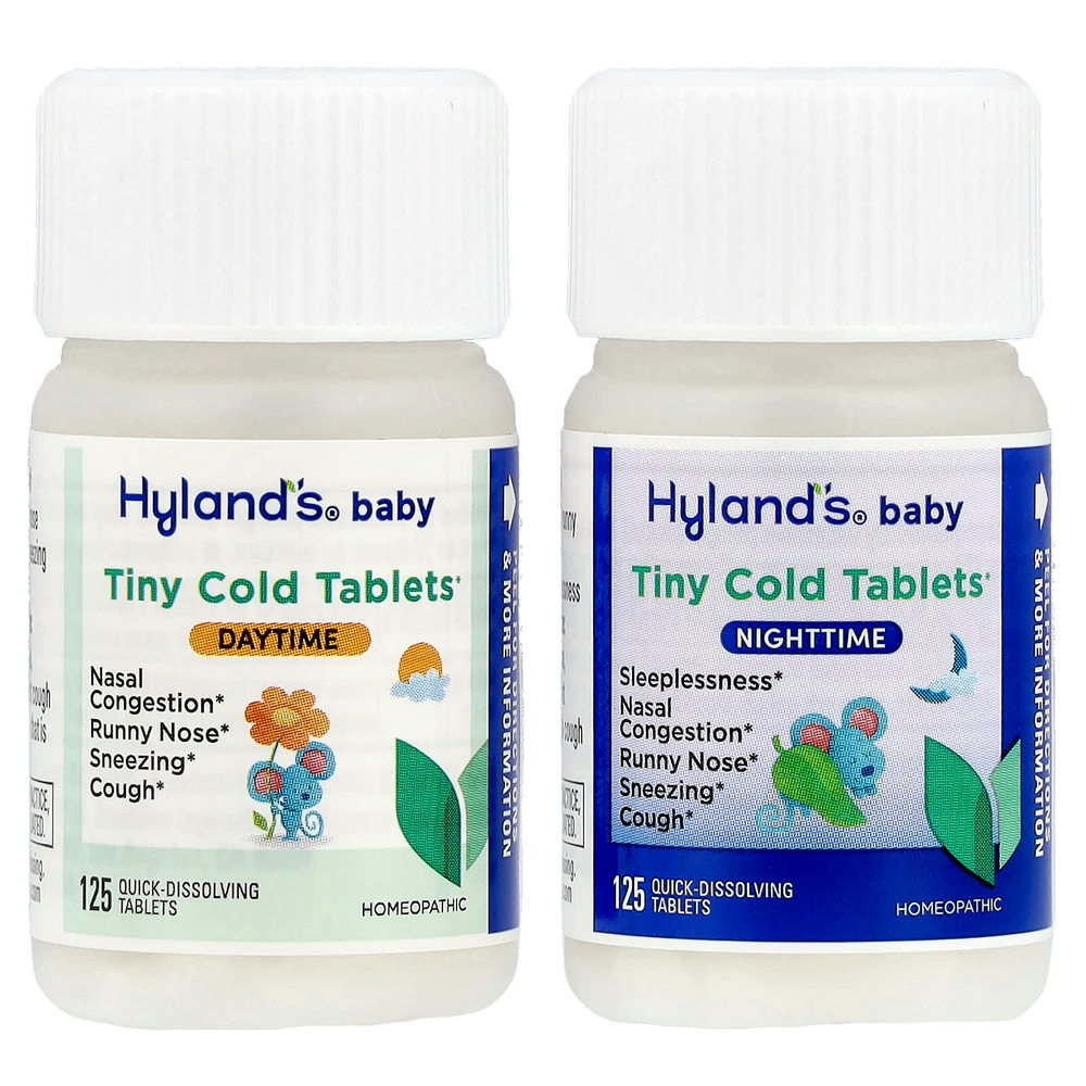 Hyland's Naturals, Для детей, комбинированная упаковка в крошечных таблетках от простуды, дневное / ночное время, для детей от 6 месяцев, 2 флакона, по 125 быстрорастворимых таблеток