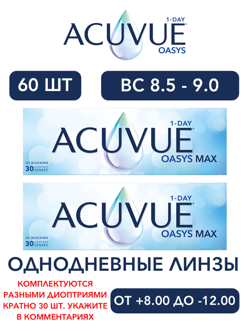 Однодневные контактные линзы Acuvue Oasys MAX 1-Day (комплект 60 линз)