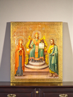 Спас Великий Архиерей Деисус (Деисис). Иисус Христос с Божией Матерью и Иоанном Предтечей. Деревянная икона на левкасе