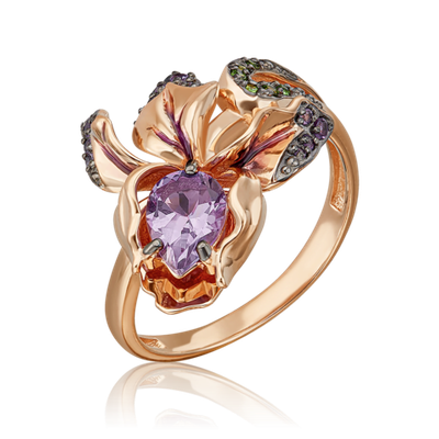 Кольцо «Ирис» из красного золота с аметистами, хромдиопсидами и эмалью