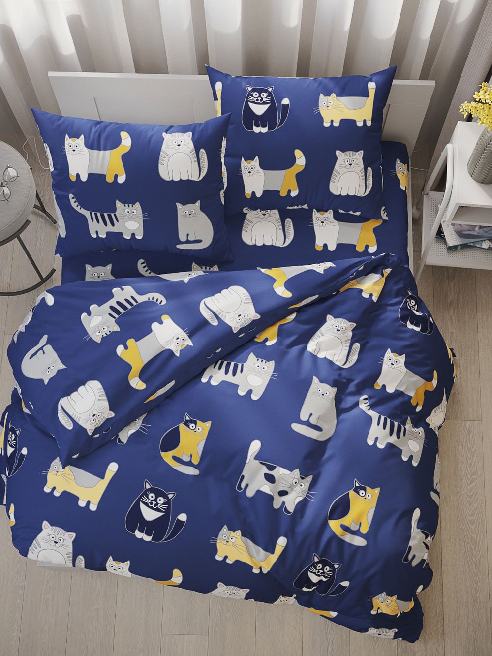 Простынь на резинке перкаль Сказка "Котятки" 180x200 см