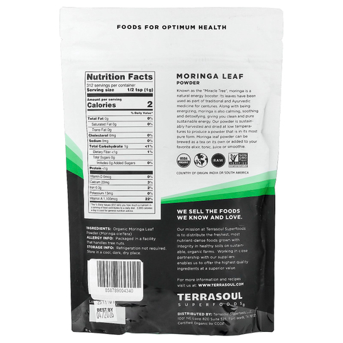 Terrasoul Superfoods, порошок из листьев моринги, Miracle Tree, 340 г (12 унций)