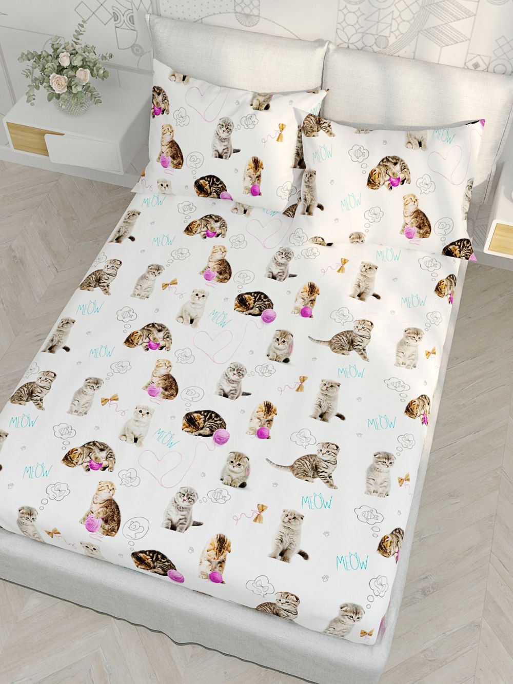 Простынь на резинке Сказка "Пушистики" 90х200 см, перкаль