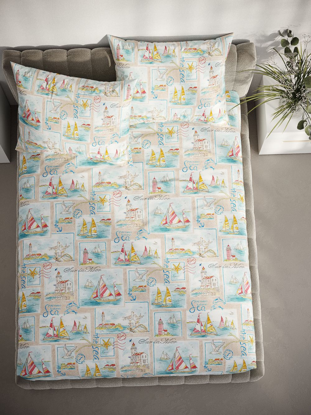 Постельное белье перкаль Сказка "Витамин Sea" семейное Наволочка 50х70 см 2 шт Простынь на резинке 160x200 см Пододеяльник 145x215 см 2шт