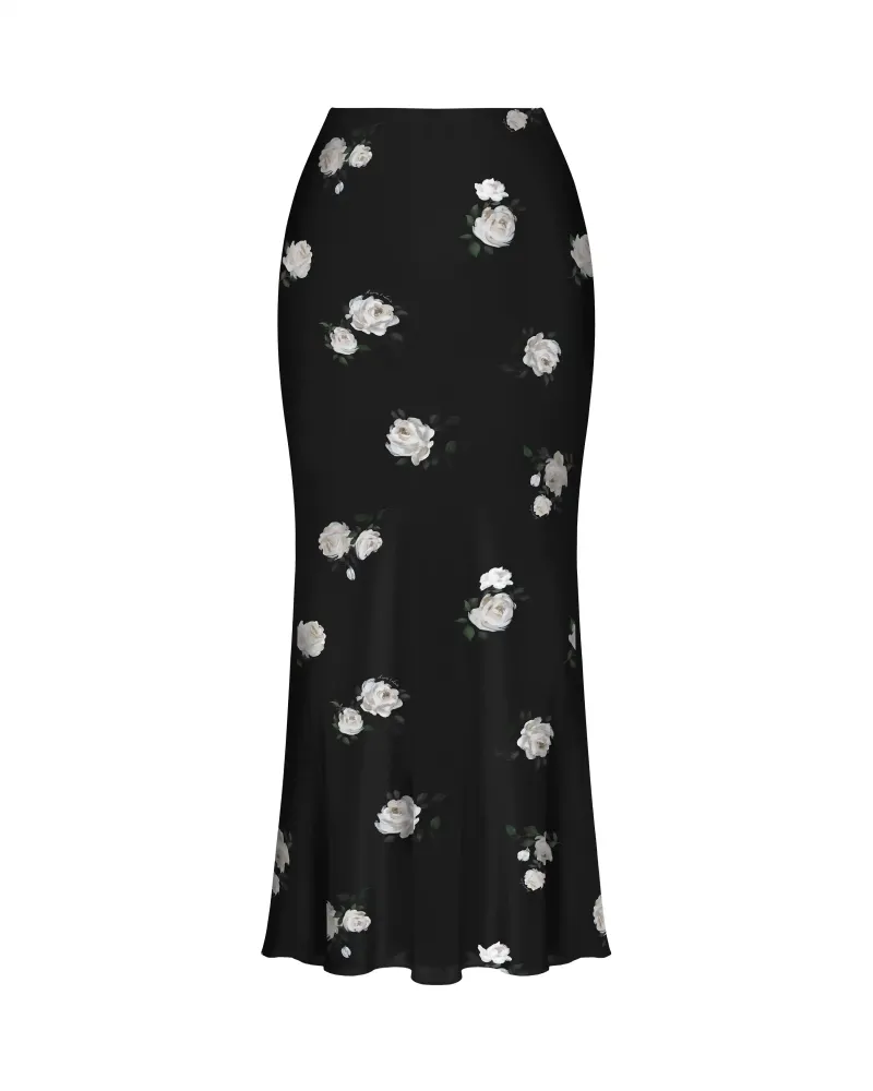 Kerelin midi, юбка миди из черного крепдешина с цветочным принтом