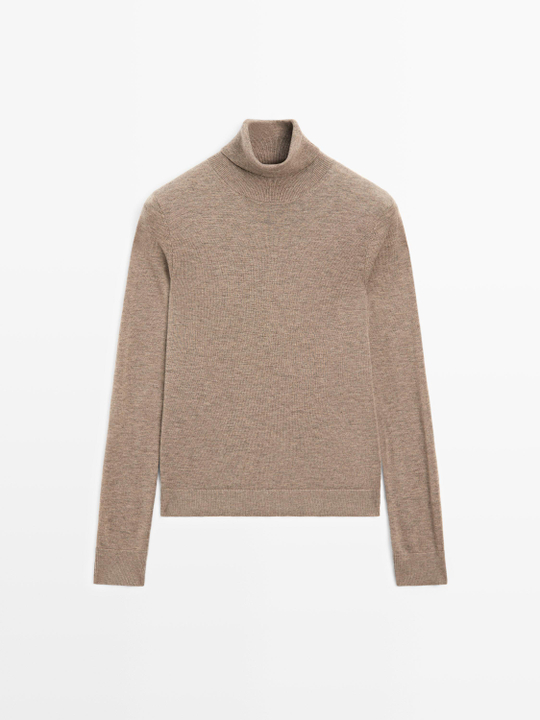 Massimo Dutti Свитер из смесовой шерсти с высоким воротником, кротово-коричневый