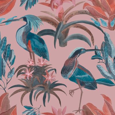 Цапля и бромелия на розовом