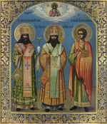 Феодосий Черниговский, Тихон Задонский и Пантелеимон Целитель. Деревянная икона на левкасе