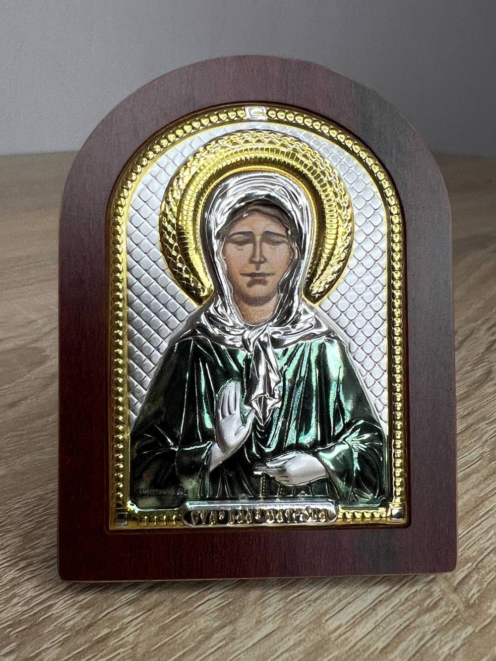 Матрона, икона арочная, красное дерево, эмаль  57х75