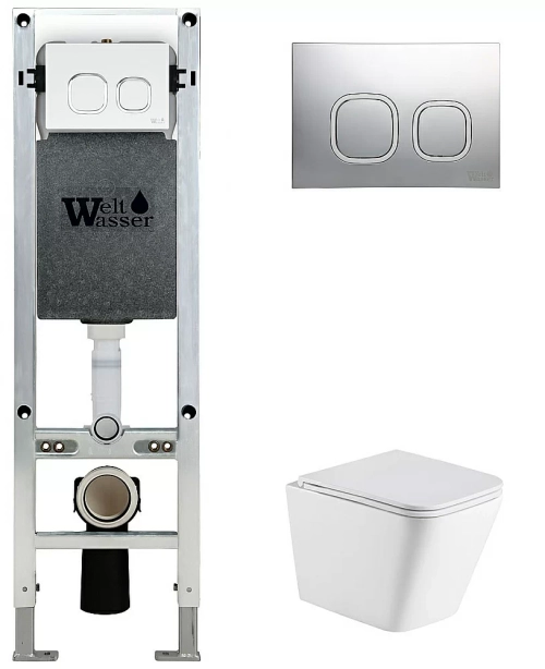 Унитаз подвесной WeltWasser AMBERG 350 ST + GELBACH 043 MT-WT + AMBERG RD-CR белый матовый, безободковый, с крышкой микролифт, слив-торнадо, с инсталляцией и кнопкой хром глянцевый