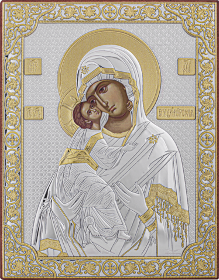 Икона Владимирская БМ: 16х12, напыление серебром и золотом, Р-3, наст. с подс. (Греция)