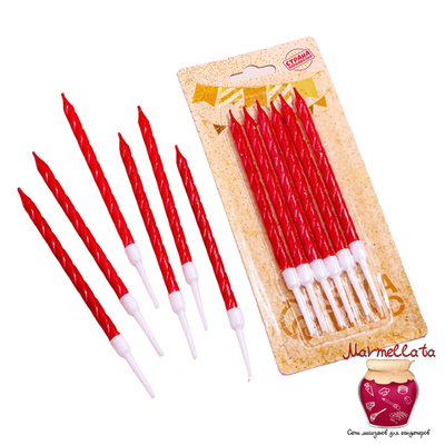 Свечи для торта ВИТЫЕ с подставкой 6 шт, 11 см, рубиновые