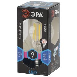 Лампа светодиодная ЭРА F-LED A60-9W-840-E27 9Вт филамент груша нейтральный белый свет E27 | Филаментные декоративные