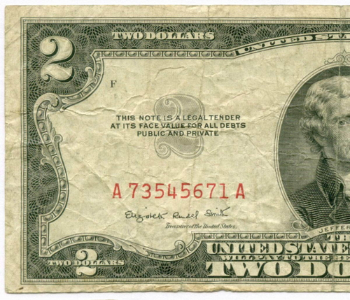 Банкнота США 2 доллара 1953B A 73545671 A. G (подклеен уголок)