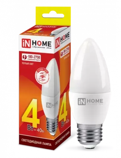 Лампа светодиодная LED-СВЕЧА-VC 4Вт 230В Е27 3000К ТЕПЛЫЙ 360Лм IN HOME