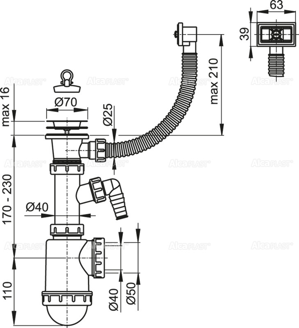Сифон Alca Plast A444P-DN50/40 для мойки с нержавеющей решеткой DN70, гофропереливом и штуцером